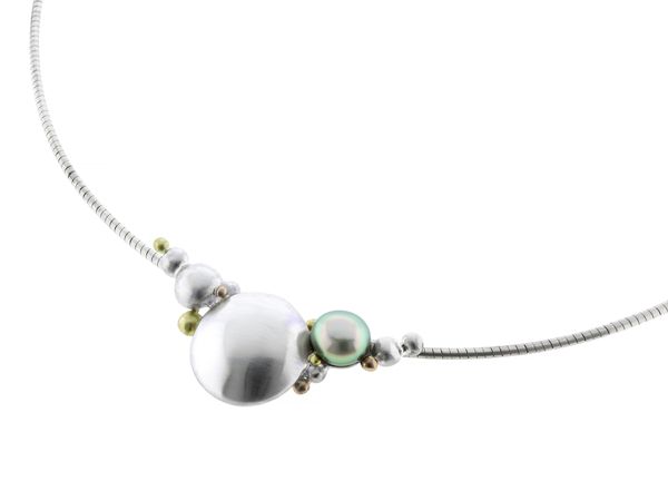 rockpool necklace with Tahitian keshi pearl in silver, 9 ct rose gold and 14ct yellow gold on silver omega chain
