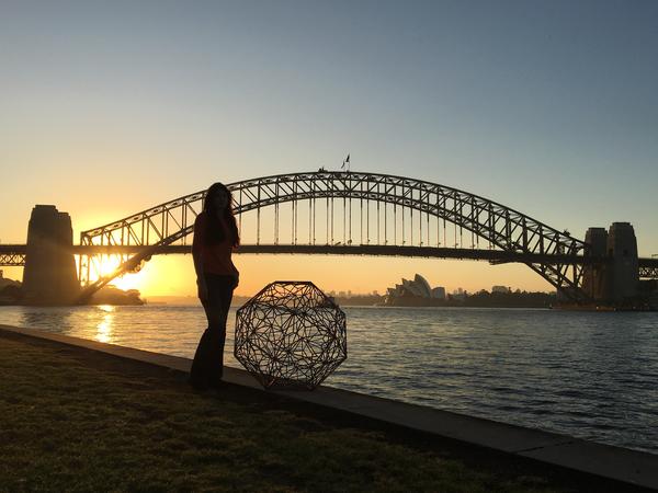orb, sculpture in copper at sunrise, Sydney harbour